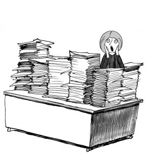 Business, legal or medical cartoon showing woman screaming at paperwork.